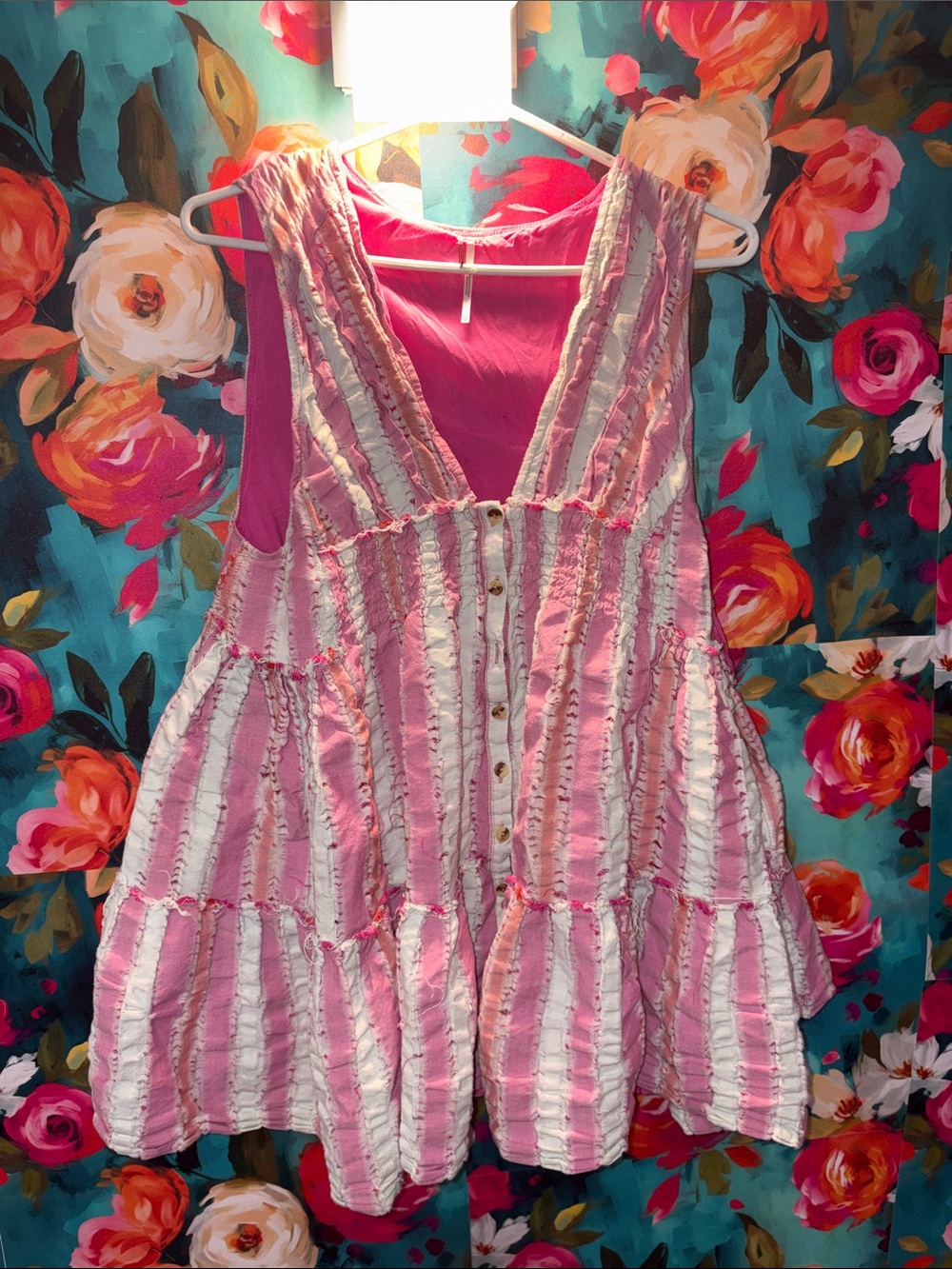 Free People Pink and White Striped Tiered Button-Front Dress
